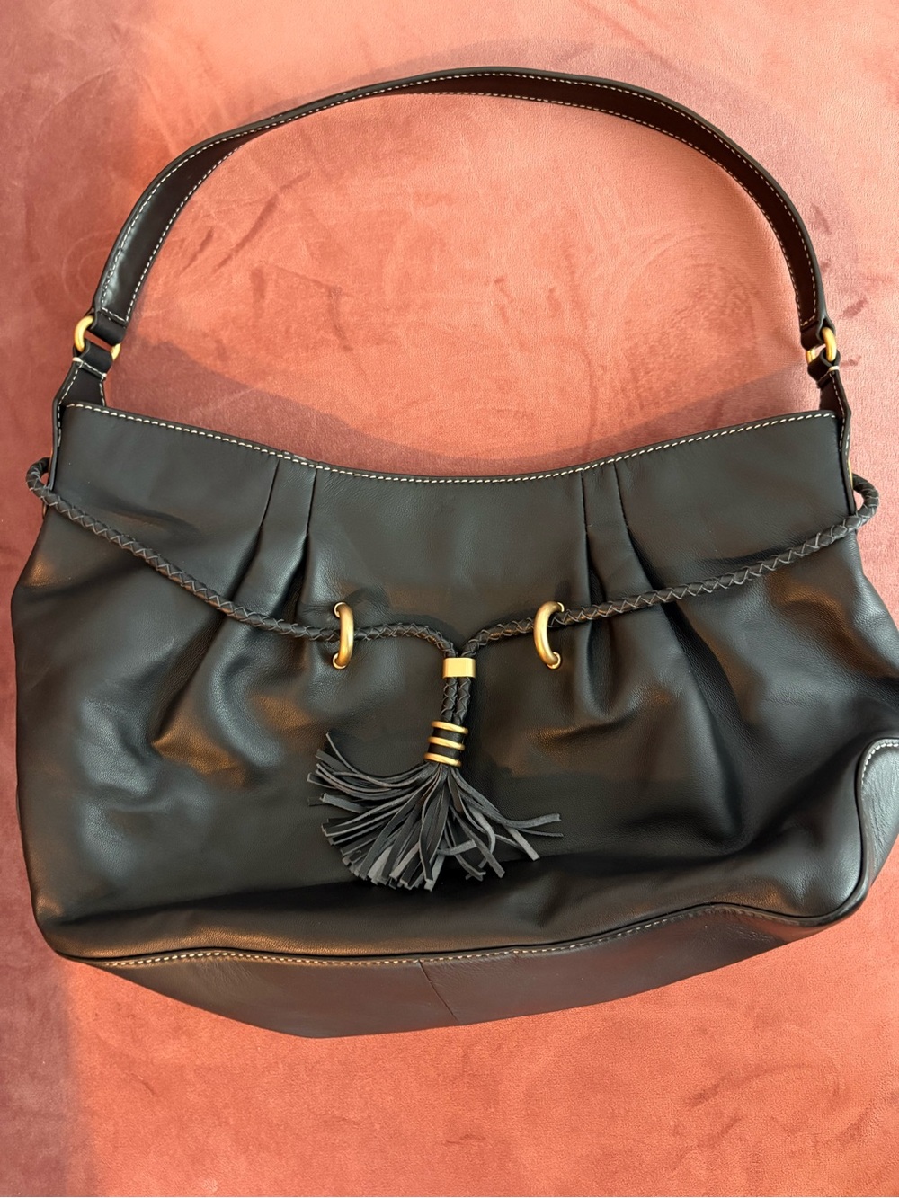 Black Leather Shoulder Bag with Tassel Accent